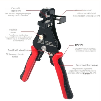 Teljesen automata, többfunkciós huzal- és optikai kábel lehúzó fogó fogakkal – lehúzási tartomány 1.0–3.2 mm, súly 0,36 kg