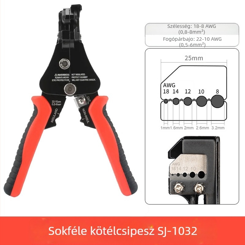 Teljesen automata, többfunkciós huzal- és optikai kábel lehúzó fogó fogakkal – lehúzási tartomány 1.0–3.2 mm, súly 0,36 kg
