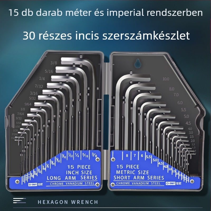 World Craftsman krom-vanádium acél hex kulcs készlet, fekete oxidációs felülettel, hosszított, 30 darab, metrikus és imperiális méretek