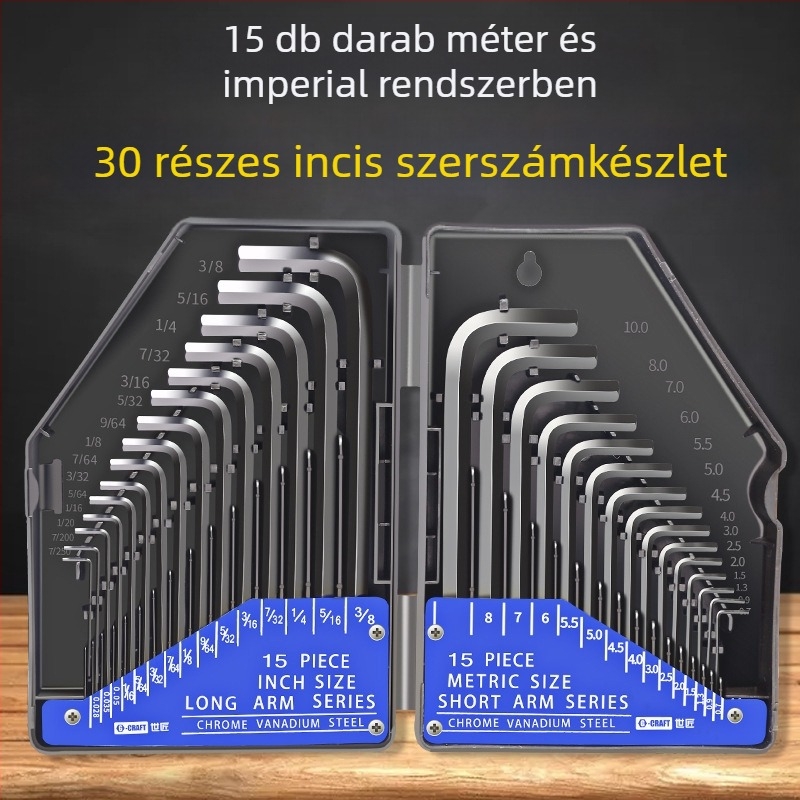 World Craftsman krom-vanádium acél hex kulcs készlet, fekete oxidációs felülettel, hosszított, 30 darab, metrikus és imperiális méretek