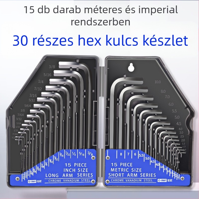 World Craftsman krom-vanádium acél hex kulcs készlet, fekete oxidációs felülettel, hosszított, 30 darab, metrikus és imperiális méretek
