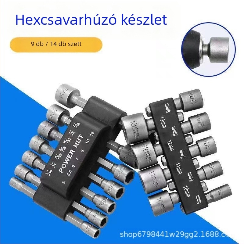 Hexagonális fejű készlet elektromos fúróhoz és csavarhúzóhoz, króm-vanádium acél, bevonat, típus: kulcsfej