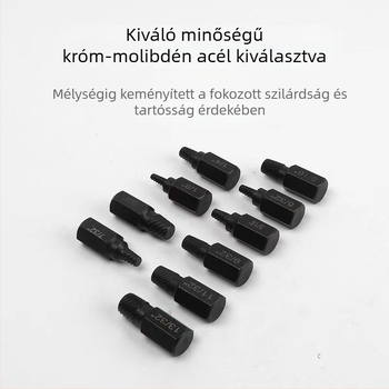 Csavarkivonó készlet, 10 darabos, szénacélból, törött csavarok és hatszögletű fejű csavarok eltávolítására