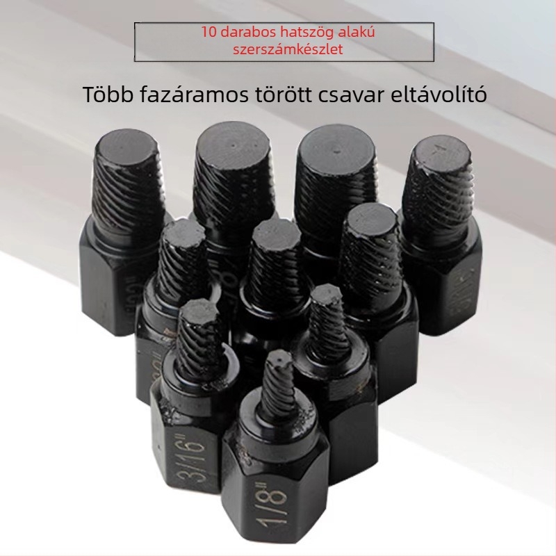 Csavarkivonó készlet, 10 darabos, szénacélból, törött csavarok és hatszögletű fejű csavarok eltávolítására