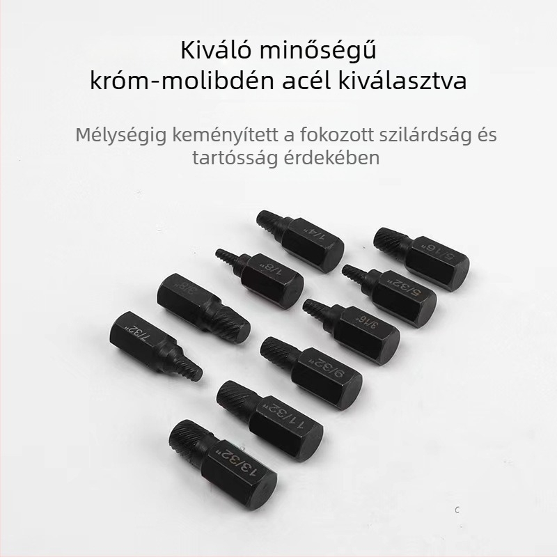 Csavarkivonó készlet, 10 darabos, szénacélból, törött csavarok és hatszögletű fejű csavarok eltávolítására