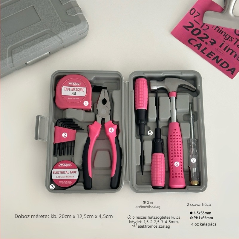 Háztartási szerszámkészlet csavarhúzóval, kalapáccsal és fogóval hordozható dobozban — magas széntartalmú acél, polírozott felület, súly 0.8, készlet