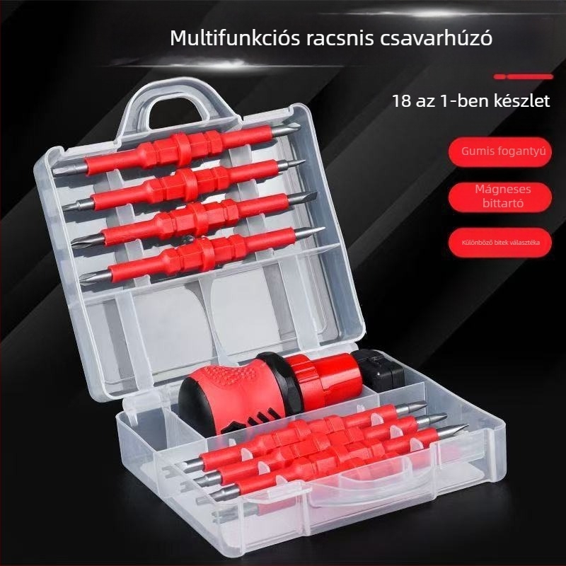 18-in-1 csavarhúzó készlet rácsos mechanizmussal villanyszerelőknek, izolált, S2 szerszámacél, műanyag fogantyú
