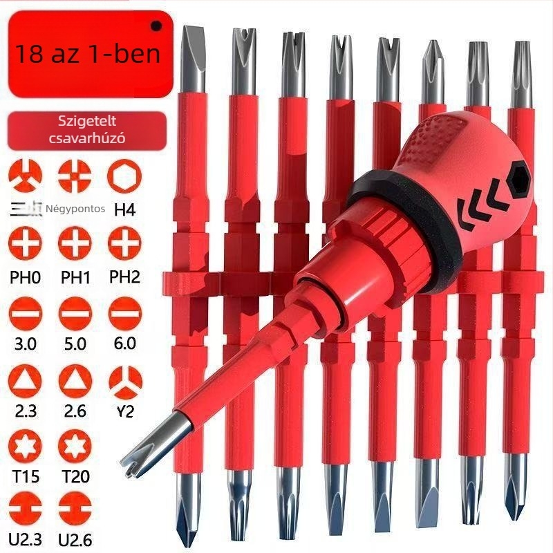 18-in-1 csavarhúzó készlet rácsos mechanizmussal villanyszerelőknek, izolált, S2 szerszámacél, műanyag fogantyú