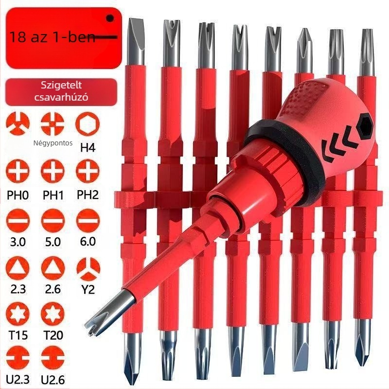 18-in-1 csavarhúzó készlet rácsos mechanizmussal villanyszerelőknek, izolált, S2 szerszámacél, műanyag fogantyú