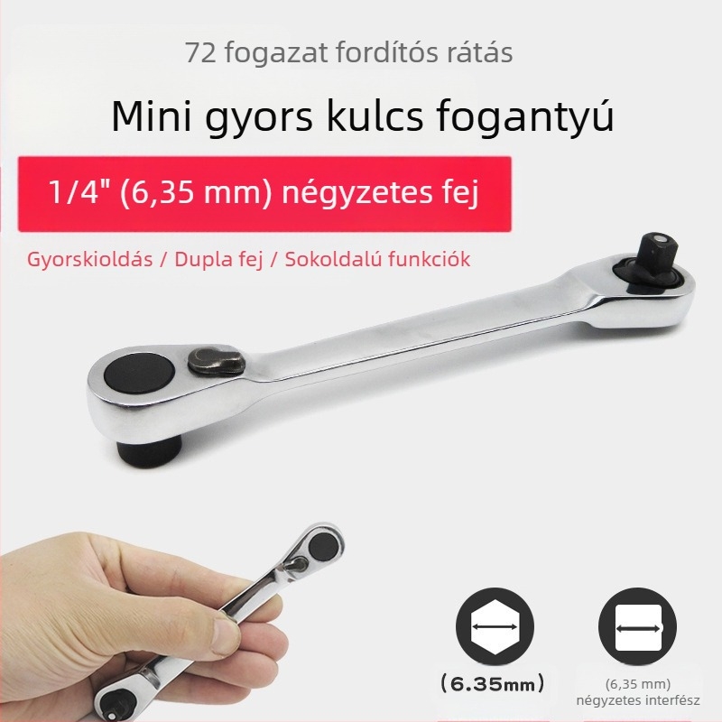 Mini csattanó kulcs 1/4 hüvelykes négyszögletes meghajtóval, kétoldalas, négyszögletes fej, króm-vanádium acél, fényes krómozott bevonat