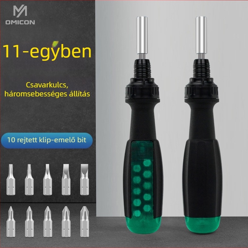 11–in–1 csavarhúzó készlet tekerővel és teleszkópos nyéllel – mágneses, szigetelt, króm-vanádium ötvözetű acél, 11 darab