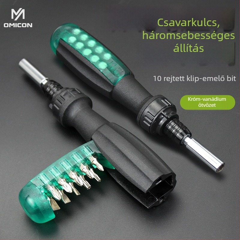 11–in–1 csavarhúzó készlet tekerővel és teleszkópos nyéllel – mágneses, szigetelt, króm-vanádium ötvözetű acél, 11 darab