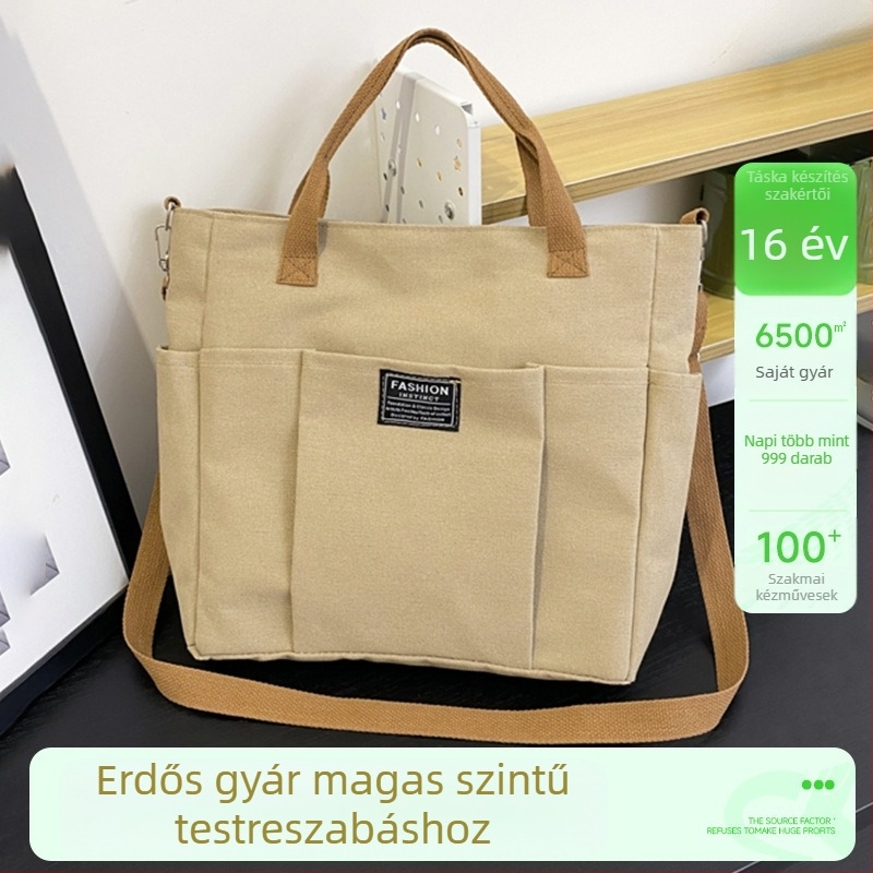 Vastag vászon tote táska, nagy kapacitású, több zsebbel, egylábas/kereszttartó stílus, logó nyomtatva termoszny transzferrel, Guangzhou eredet