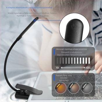 LED klipszes asztali lámpa olvasáshoz — szemvédelem, USB töltés, érintéses kapcsoló, beépített 1000mAh Li-ion akkumulátor