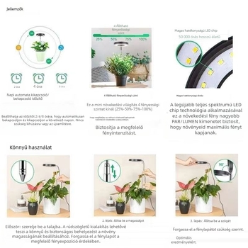 LED kihúzható növény-növekedési lámpa teljes spektrumos 3500K fénnyel, időzítő, 20 LED-del, 5V bemenet, 20000 óra élettartam, modell CCB-231204