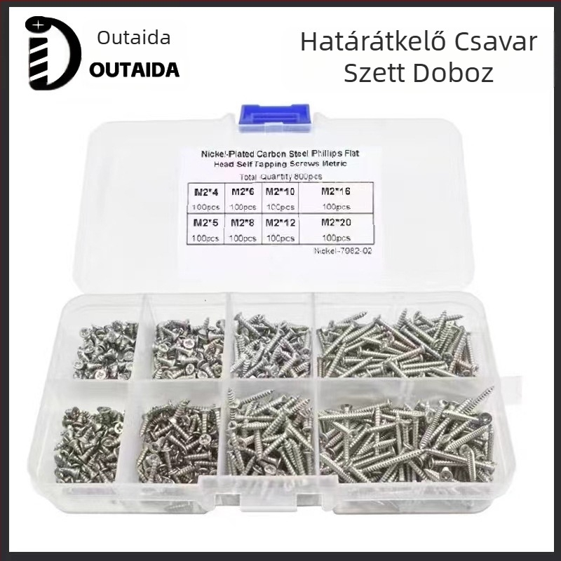 Outaida önmetsző csavarok készlet – 800 darab, kúpos fejű, nikkel bevonatú, szénacél Q235, GB846
