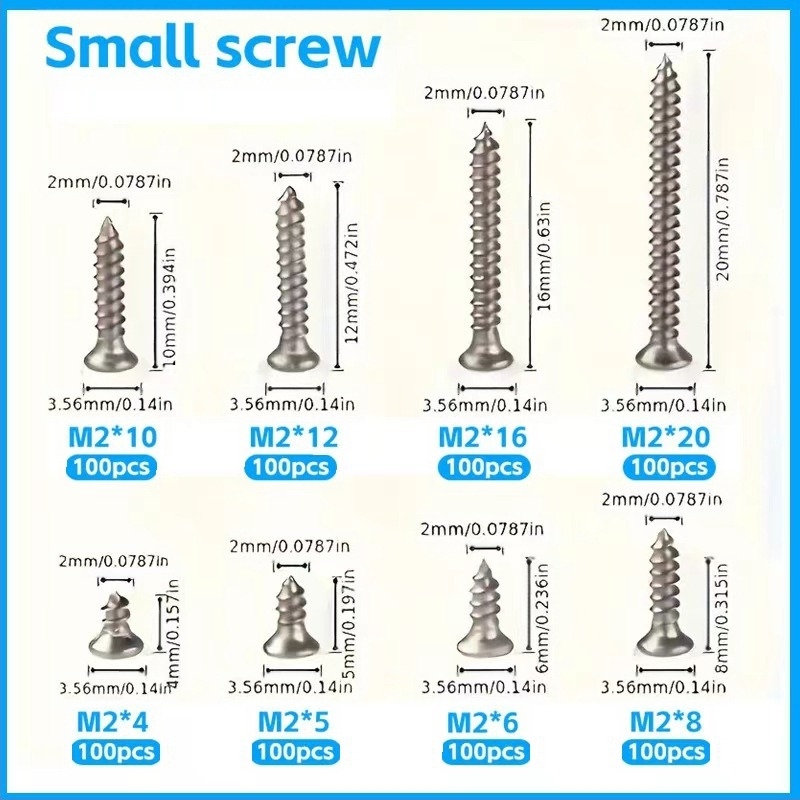 Outaida önmetsző csavarok készlet – 800 darab, kúpos fejű, nikkel bevonatú, szénacél Q235, GB846