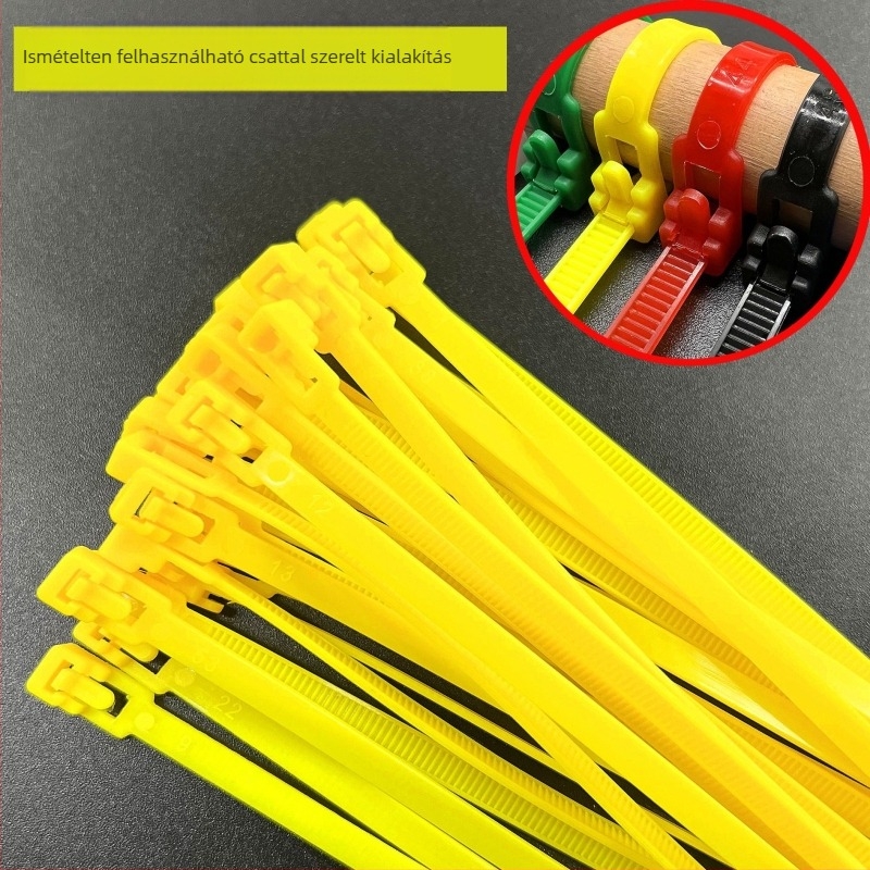 Ipari nylon kábelkötegelő leválasztható csattal — újrahasználható; anyag: nylon; vastagság 0.45 mm; szélesség 3.6–4.8 mm; testreszabható feldolgozás; licencelhető magáncímke