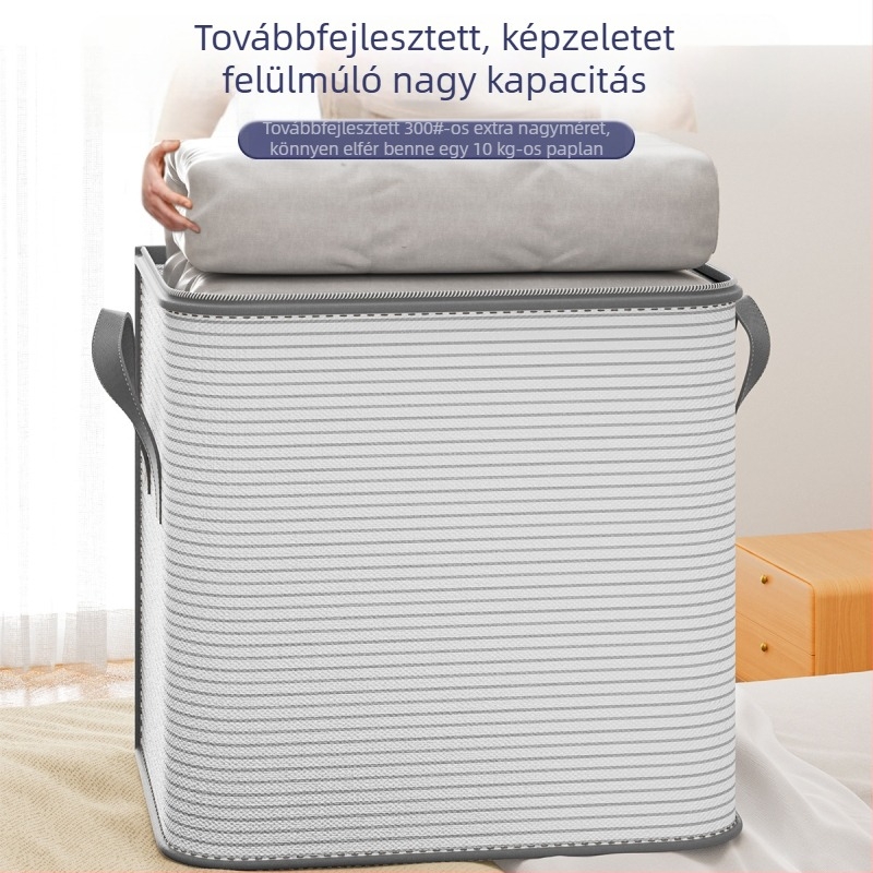 Csíkos, nemszövött anyagból készült ruhák és paplanok tároló táskája