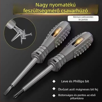 Gumírozott markolatú elektromos teszter élő vezetékekhez, LED‑indikátor, nagy nyomatékú érzékelés, mágneses bit egyenes fej