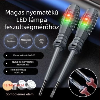 Gumírozott markolatú elektromos teszter élő vezetékekhez, LED‑indikátor, nagy nyomatékú érzékelés, mágneses bit egyenes fej