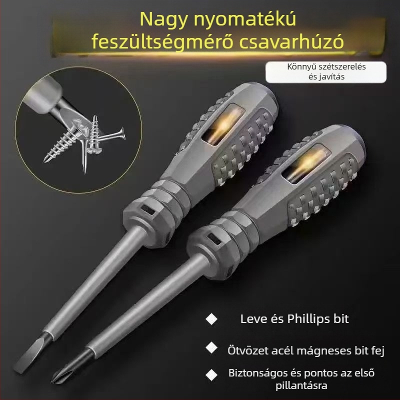 Gumírozott markolatú elektromos teszter élő vezetékekhez, LED‑indikátor, nagy nyomatékú érzékelés, mágneses bit egyenes fej
