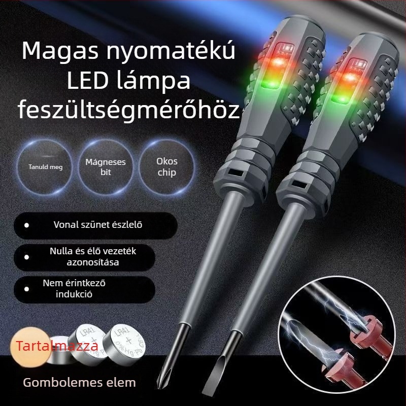 Gumírozott markolatú elektromos teszter élő vezetékekhez, LED‑indikátor, nagy nyomatékú érzékelés, mágneses bit egyenes fej