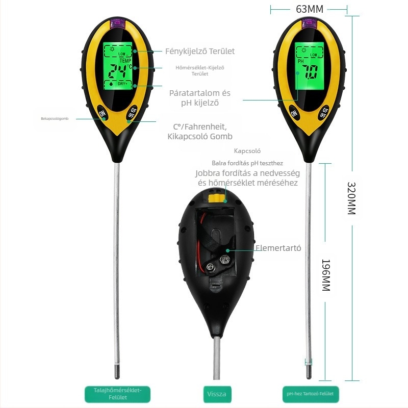 4 az 1-ben elektronikus talajtester: talaj pH mérő, fénymérő és hőmérséklet–nedvesség detektor, műanyag ház — Xing Weiqiang