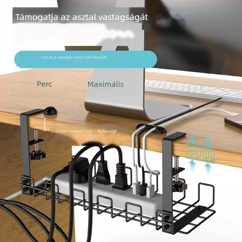 Vas alatti kábelkezelő polc, kampóval rögzíthető, egyemeletes kialakítás, többfunkciós, lyukasztás nélkül