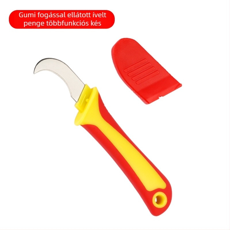 Többfunkciós szigetelt villanyszerelő kés görbült és egyenes pengével, műanyag markolattal, kábel hámozás