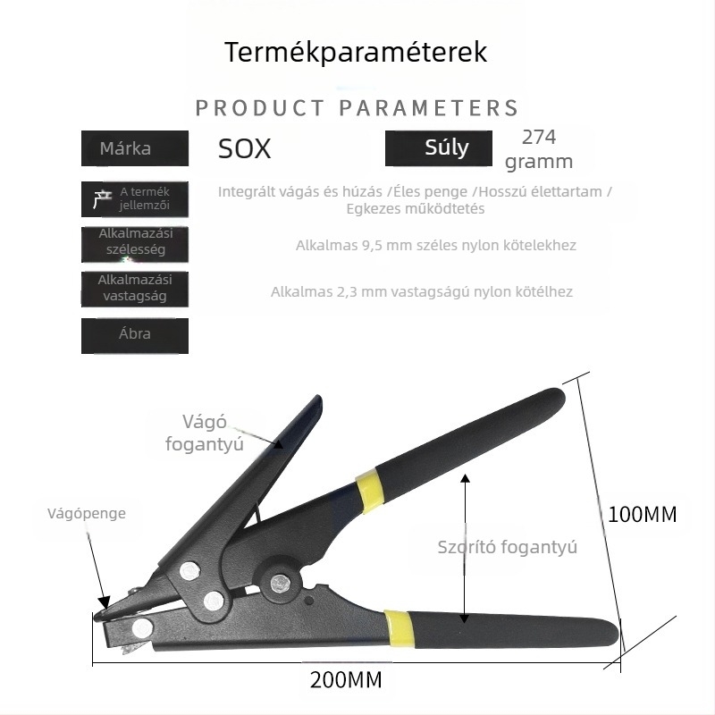 Zip tie pisztoly, kézben tartva, automata megfeszítés, csúszásmentes fém test, SOX, magas széntartalmú acél, súly 0.26