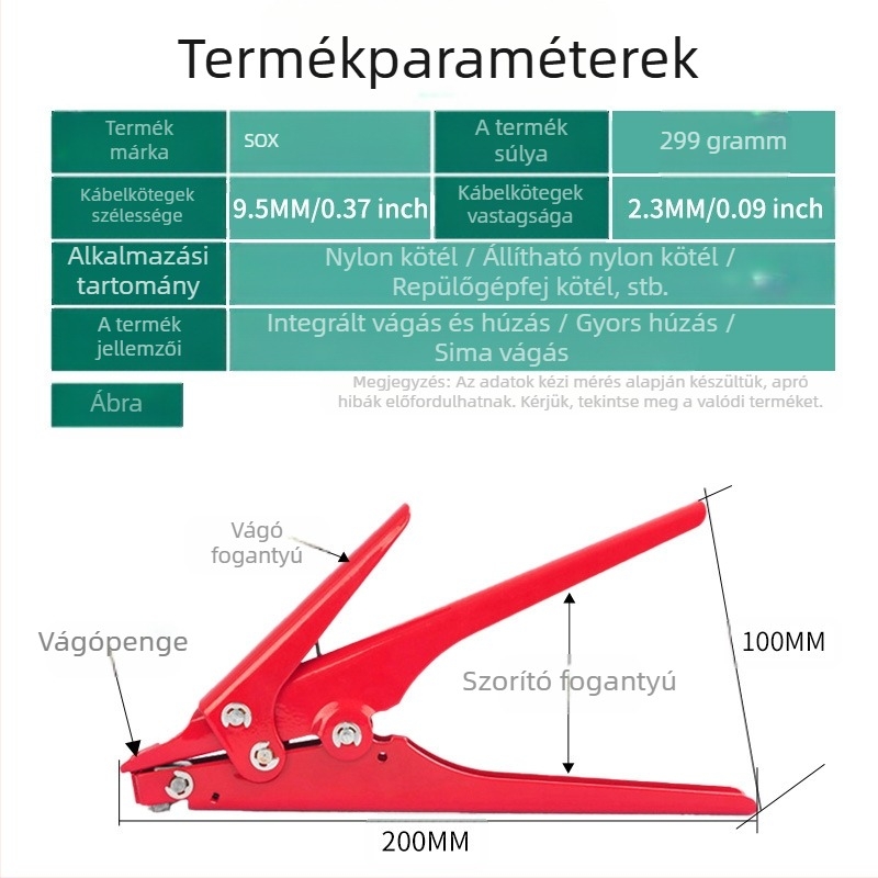 Zip tie pisztoly, kézben tartva, automata megfeszítés, csúszásmentes fém test, SOX, magas széntartalmú acél, súly 0.26