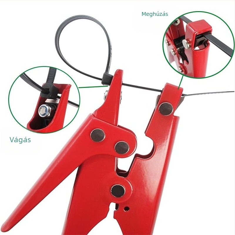 Zip tie pisztoly, kézben tartva, automata megfeszítés, csúszásmentes fém test, SOX, magas széntartalmú acél, súly 0.26