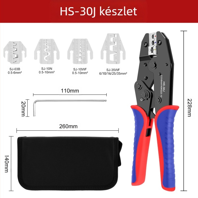 Többcélú crimpelőfogó készlet – szigetelt, csupasz és csatlakozó terminálokhoz, SANJIANG, magas széntartalmú acél, tömeg 1.2