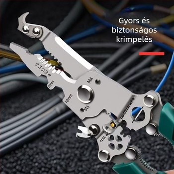 Elektrikus vezetékek vágó- és csupaszító fogó, többfunkciós, lapos fejű, összecsukható, tömeg kb. 0,2 kg, Sco