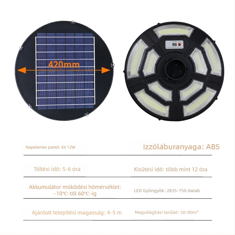 Napelemes kültéri LED utcai lámpa a kerthez, IP66, 12–20W, 6V, 6–12 órás világítás