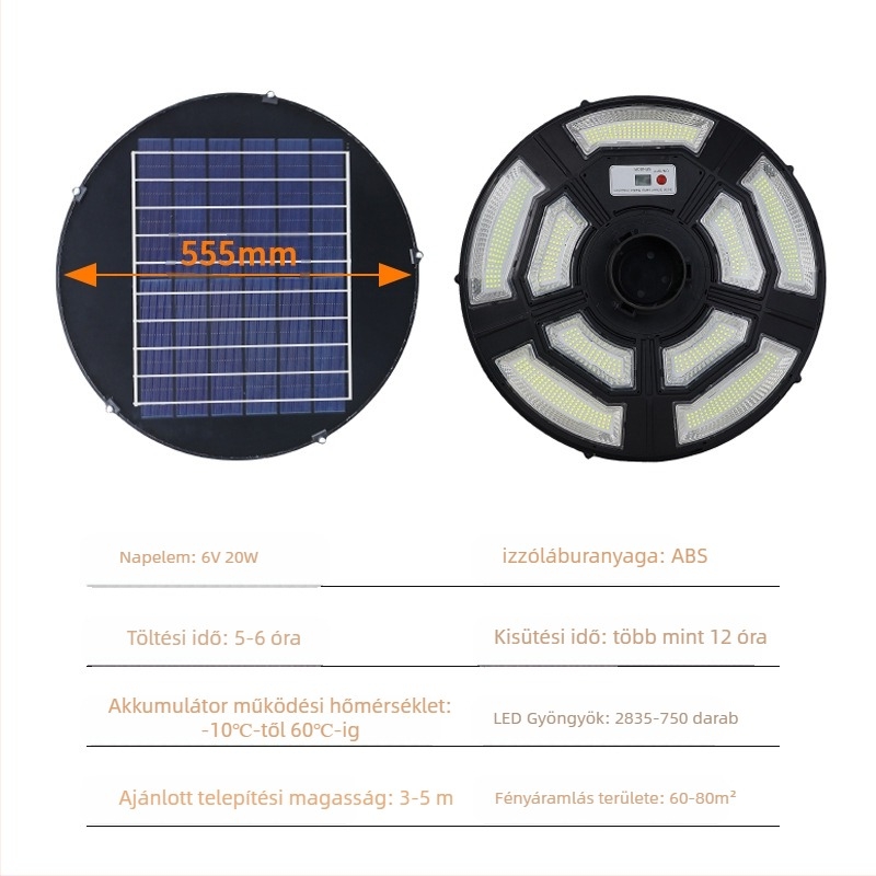 Napelemes kültéri LED utcai lámpa a kerthez, IP66, 12–20W, 6V, 6–12 órás világítás