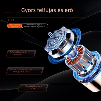 Hordozható kézi, fém testű levegőpumpa digitális kijelzővel és nyomásmérővel, 70 L/perc áramlás, legfeljebb 80 W teljesítmény