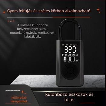 Hordozható kézi, fém testű levegőpumpa digitális kijelzővel és nyomásmérővel, 70 L/perc áramlás, legfeljebb 80 W teljesítmény