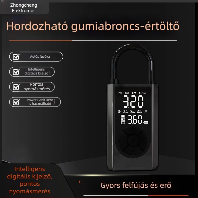 Hordozható kézi, fém testű levegőpumpa digitális kijelzővel és nyomásmérővel, 70 L/perc áramlás, legfeljebb 80 W teljesítmény