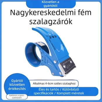 Kézi fém csomagoló szalag záró- és vágóeszköz, szalag szélessége 50 mm, fémes verzió, tengely átmérője 56 mm, nettó tömeg 150 g