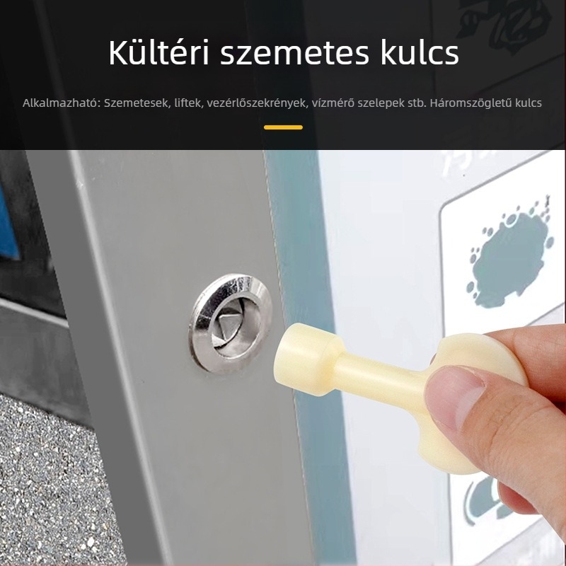 Külső használatra készült kuka fedélzár háromszög-zárral és nyelvű kulccsal