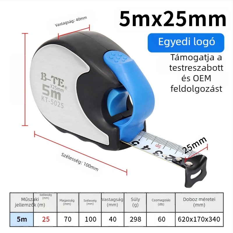 Bonte mérőszalag, 5 m, önzáró, ütésálló, asztalos