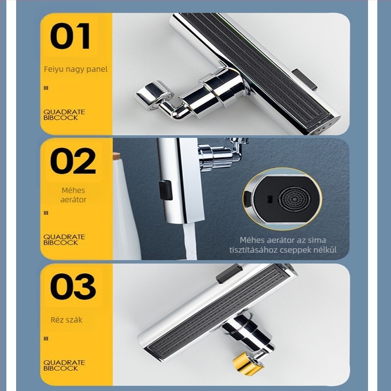 Konyhai mosogató csaptele szórás elleni védelemmel, univerzális forgó fej, három üzemmódú sugárzás, kibővíthető fej, réz/plasztik test, elektroplattolt felület