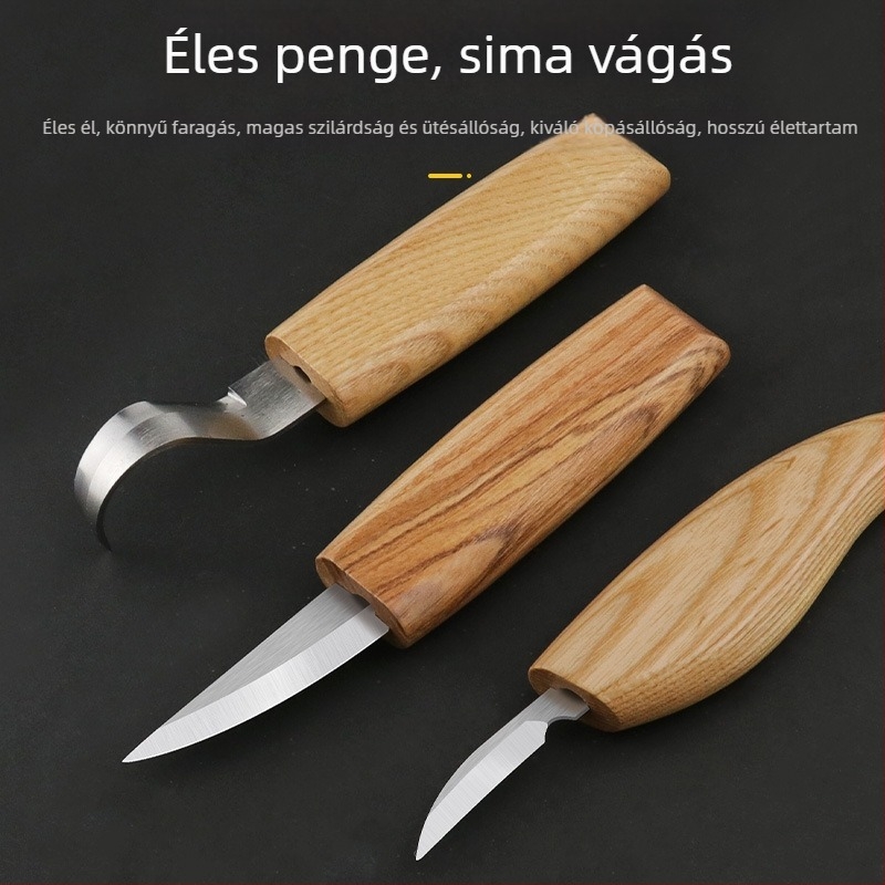 3 részes faragó eszköz készlet fához: faragó kés, kanál kés és kaparó – kézzel faragott mintákkal