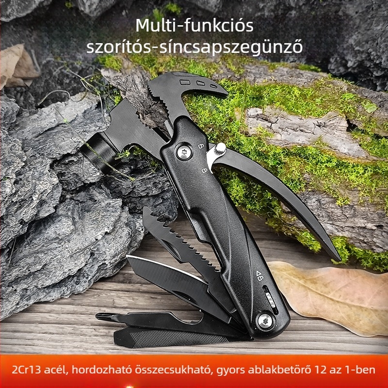 Rozsdamentes acél fejű kalapács, acélnyelű, többfunkciós kempingeszköz, tömeg 0,252 kg
