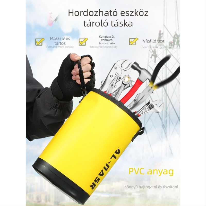 Magasban végzett munkákhoz tervezett eszköztáska – vízálló, elektromos karbantartásra és kertészkedésre alkalmas, övcsattal és akasztóval
