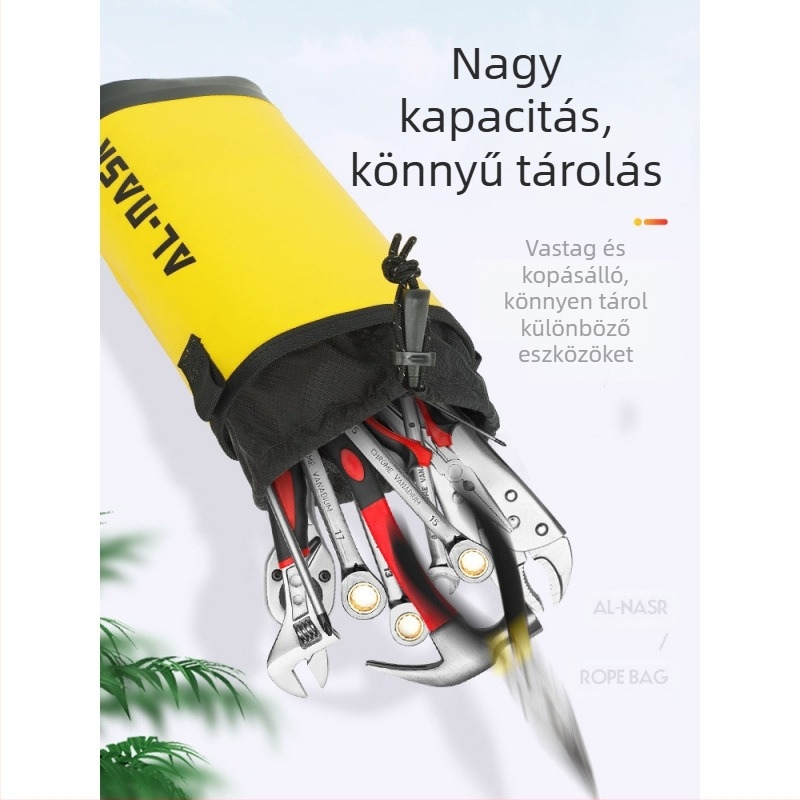Magasban végzett munkákhoz tervezett eszköztáska – vízálló, elektromos karbantartásra és kertészkedésre alkalmas, övcsattal és akasztóval
