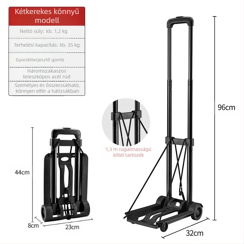 Összecsukható kétkerekű kézikocsi (húzókar, hordozható, 35 kg teherbírás, műanyag kivitel)