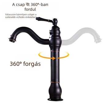 Európai antik bronz mosdócsaptelep, 360°-os forgás, meleg és hideg víz, réz test, kerámia patronos szelep